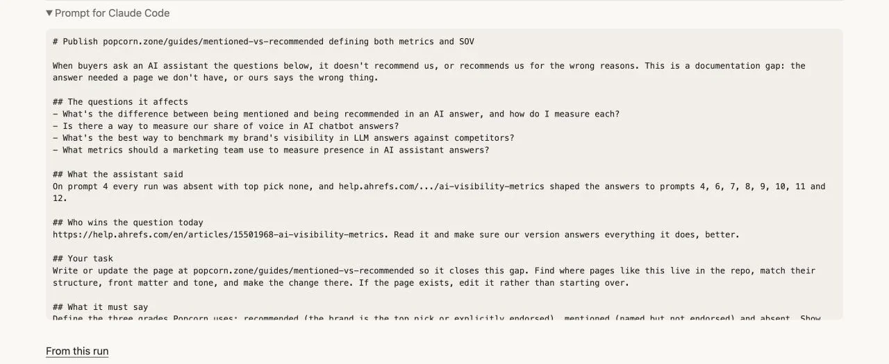 The fix's Prompt for Claude Code: the questions it affects, what the assistant said, who wins the question today, the task, what the page must say and the rules.